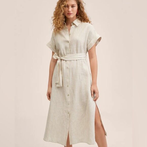 Mango 100% Linen Striped Belted Shirt Dress New - Picture 8 of 11